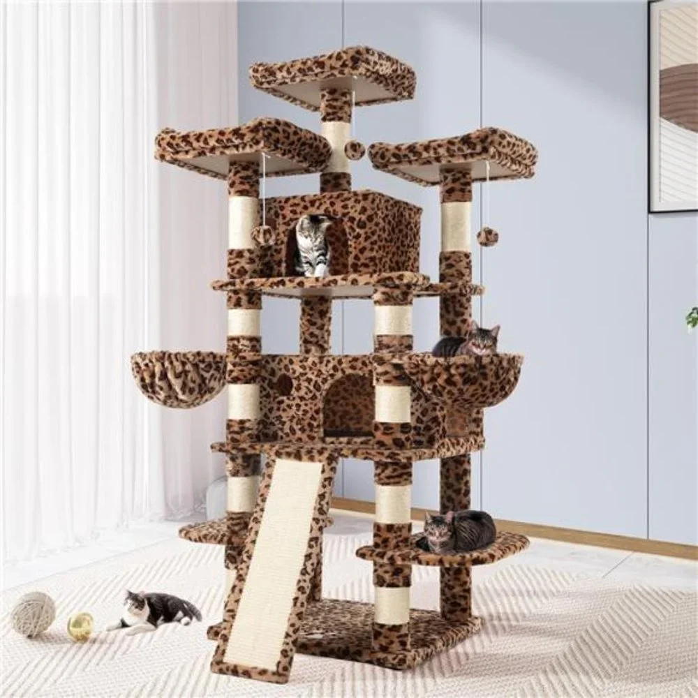 68 Inches Cat Tree House and Towers with Scratching Post, Leopard Print